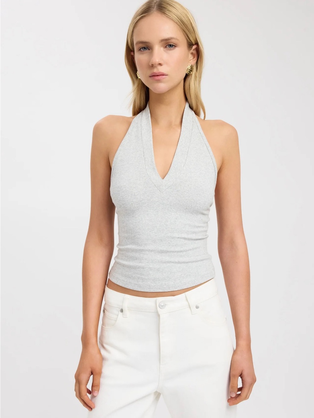 KOOKAÏ KAYA TOP Halter V-Neck Ribbed Tank Top - Light Gray